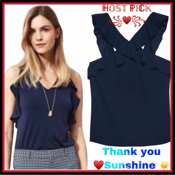 BANANA REPUBLIC NAVY CROSS FRONT NAVY RUFFLE TOP - Picture 8 of 8